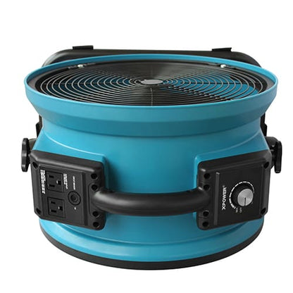 Blue portable x-34ar fan with black handle and control panel on a white background