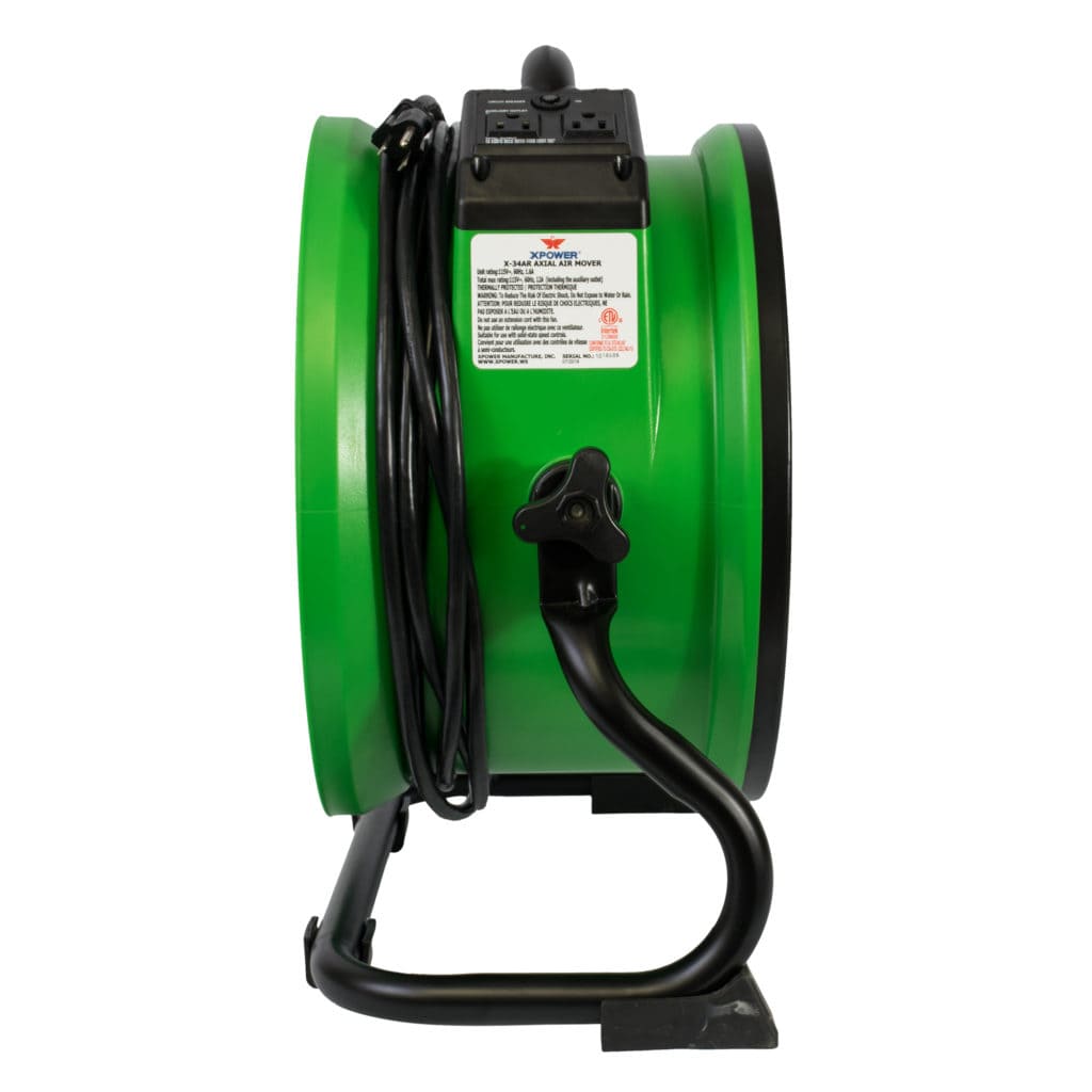Green X-34AR industrial fan with black stand on a white background