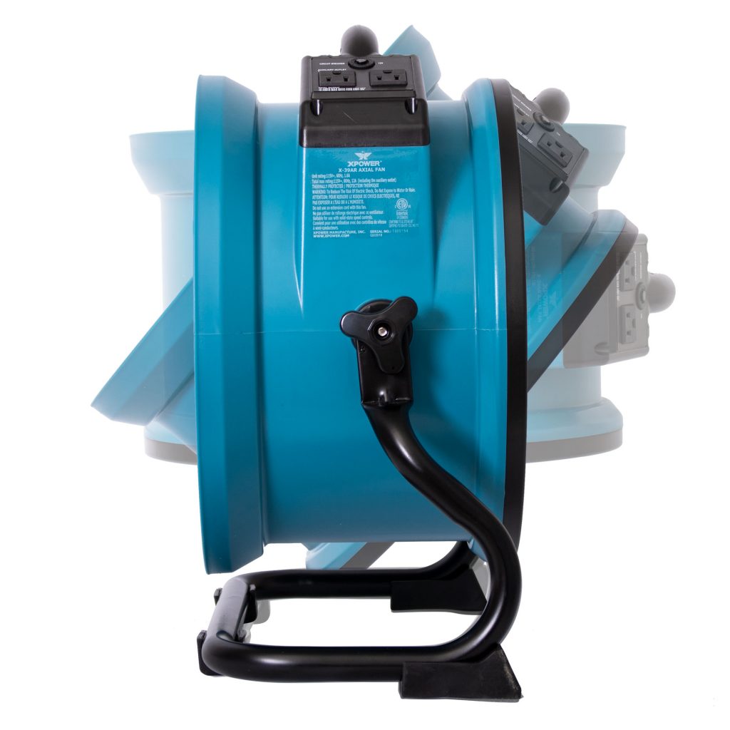 Blue and black industrial blower on a white background