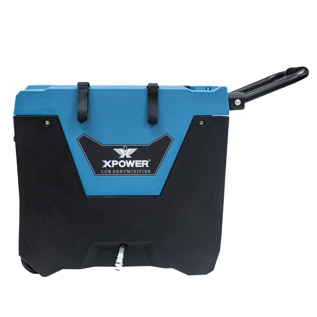 Blue and black dehumidifier with handle and with Xpower logo on a white background