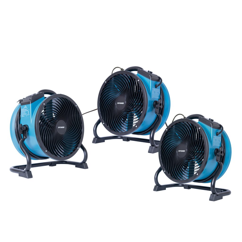 Three blue x-39ar industrial fans on a white background
