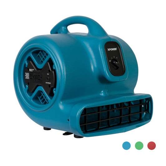 A blue XPOWER X-600A 1/3 HP Air Mover with a black fan and control panel, set against a white background with color options shown in small circles at the bottom.