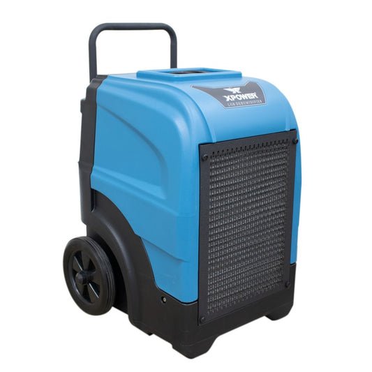 A blue XPOWER XD-165L industrial dehumidifier with black accents, featuring wheels and a telescoping handle for mobility.