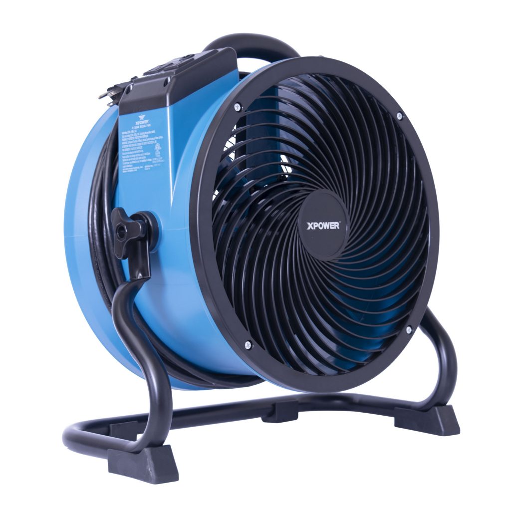 A professional sealed motor XPOWER X-39AR axial fan with blue and black color scheme, featuring a swirl grill design, multiple fan blades, and a rack/stand for rotation.