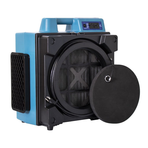 A professional 3-Stage HEPA Air Scrubber by XPOWER with a blue and black color scheme, featuring a large circular HEPA filter visible in the center.