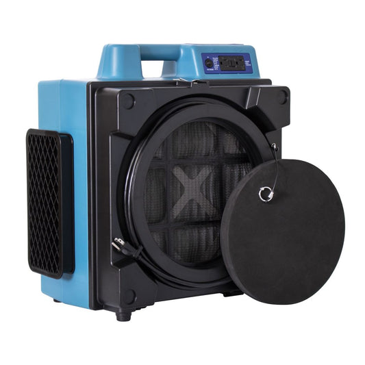 A professional 3-Stage HEPA Air Scrubber by XPOWER with a blue and black color scheme, featuring a large circular HEPA filter visible in the center.