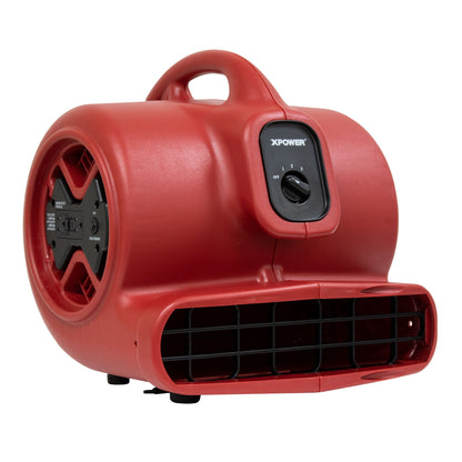 A red XPOWER X-600A 1/3 HP Air Mover with a black fan and control panel, set against a white background with color options shown in small circles at the bottom.