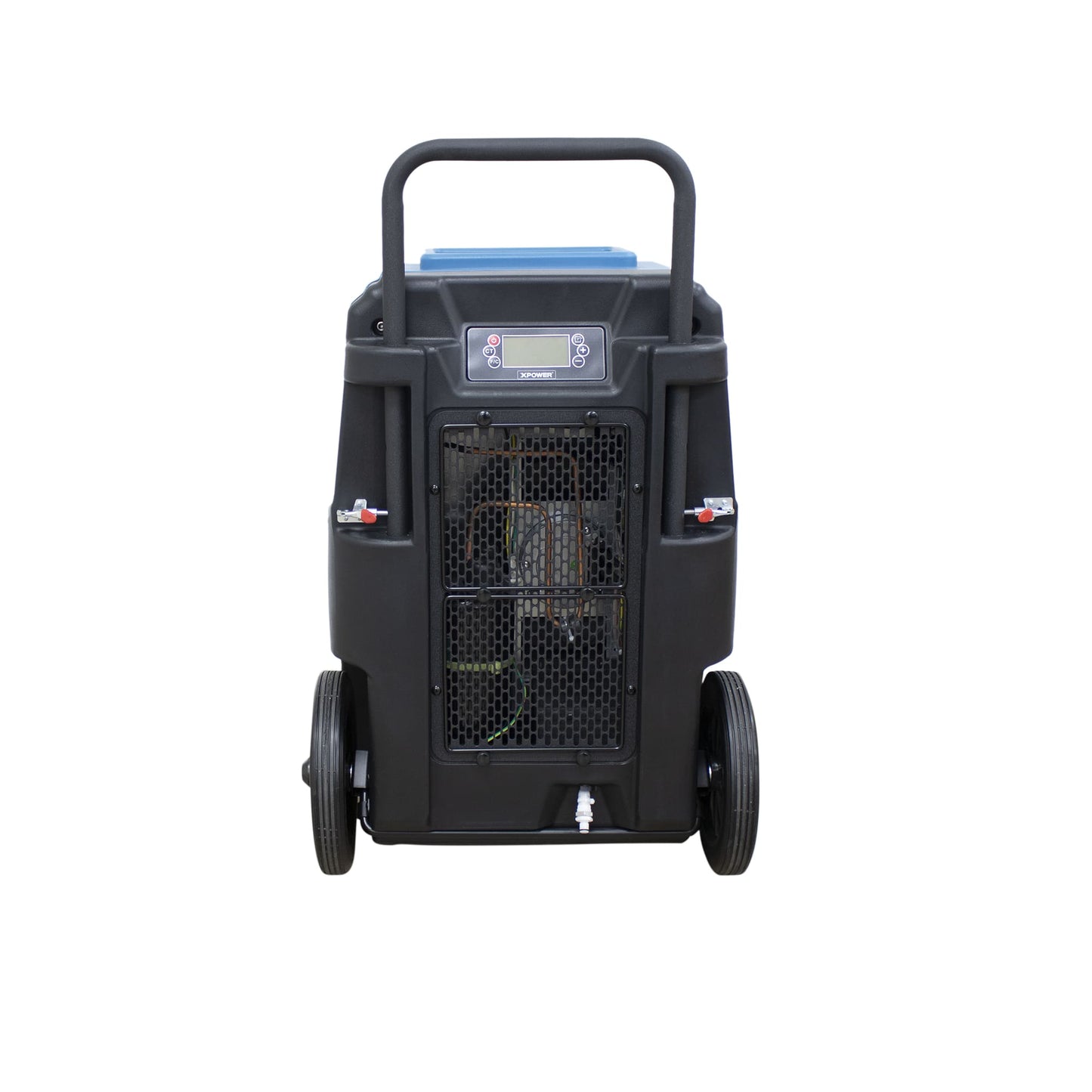 Black Back of XPOWER XD-165L with wheels and a handle on a white background