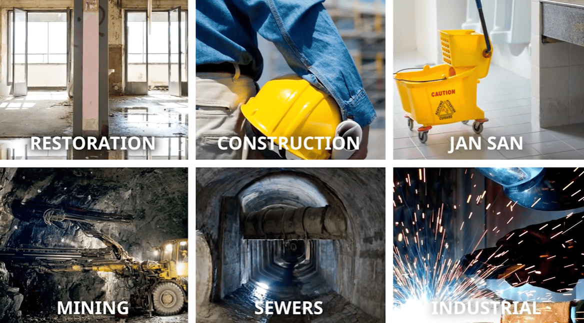 Collage of images labeled 'Restoration', 'Construction', 'Jan San', 'Mining', 'Sewers', and 'Industrial'. X-8 Industrial