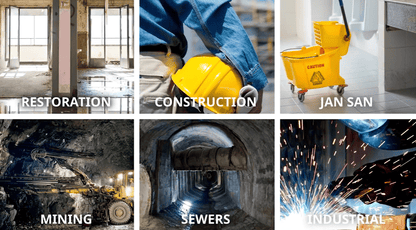 Collage of images labeled 'Restoration', 'Construction', 'Jan San', 'Mining', 'Sewers', and 'Industrial'. X-8 Industrial