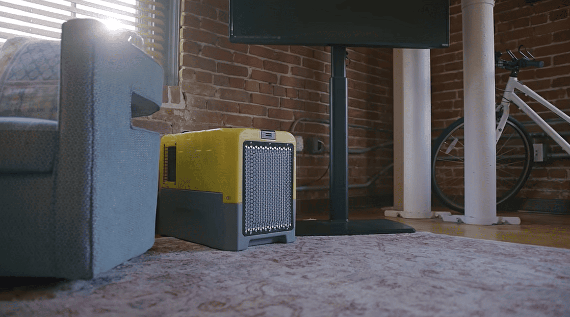 Room interior with a yellow and gray alorair 180 ppd commercial dehumidifier, bicycle, and sofa.