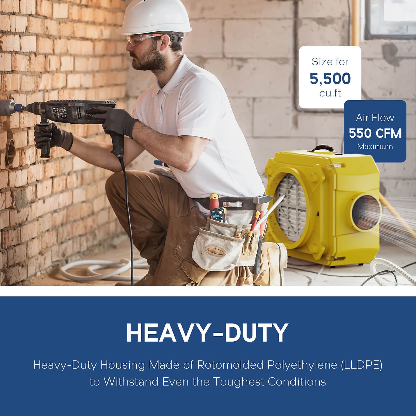 Man using a power tool with a yellow alorair cleanshield hepa 550 in the background, on a construction site.