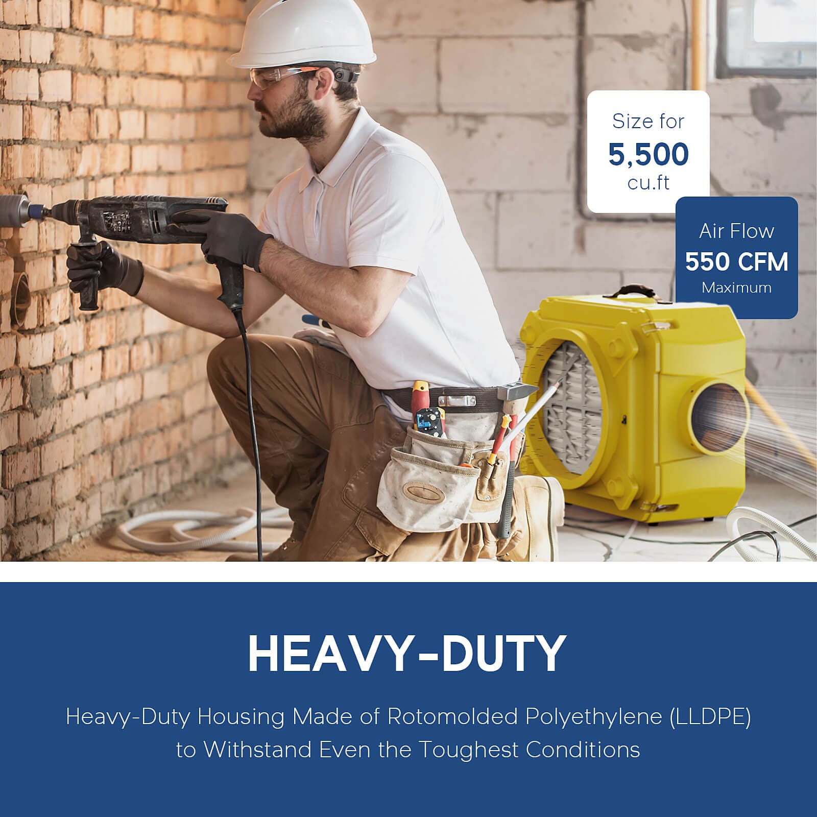 Man using a power tool with a yellow alorair cleanshield hepa 550 in the background, on a construction site.