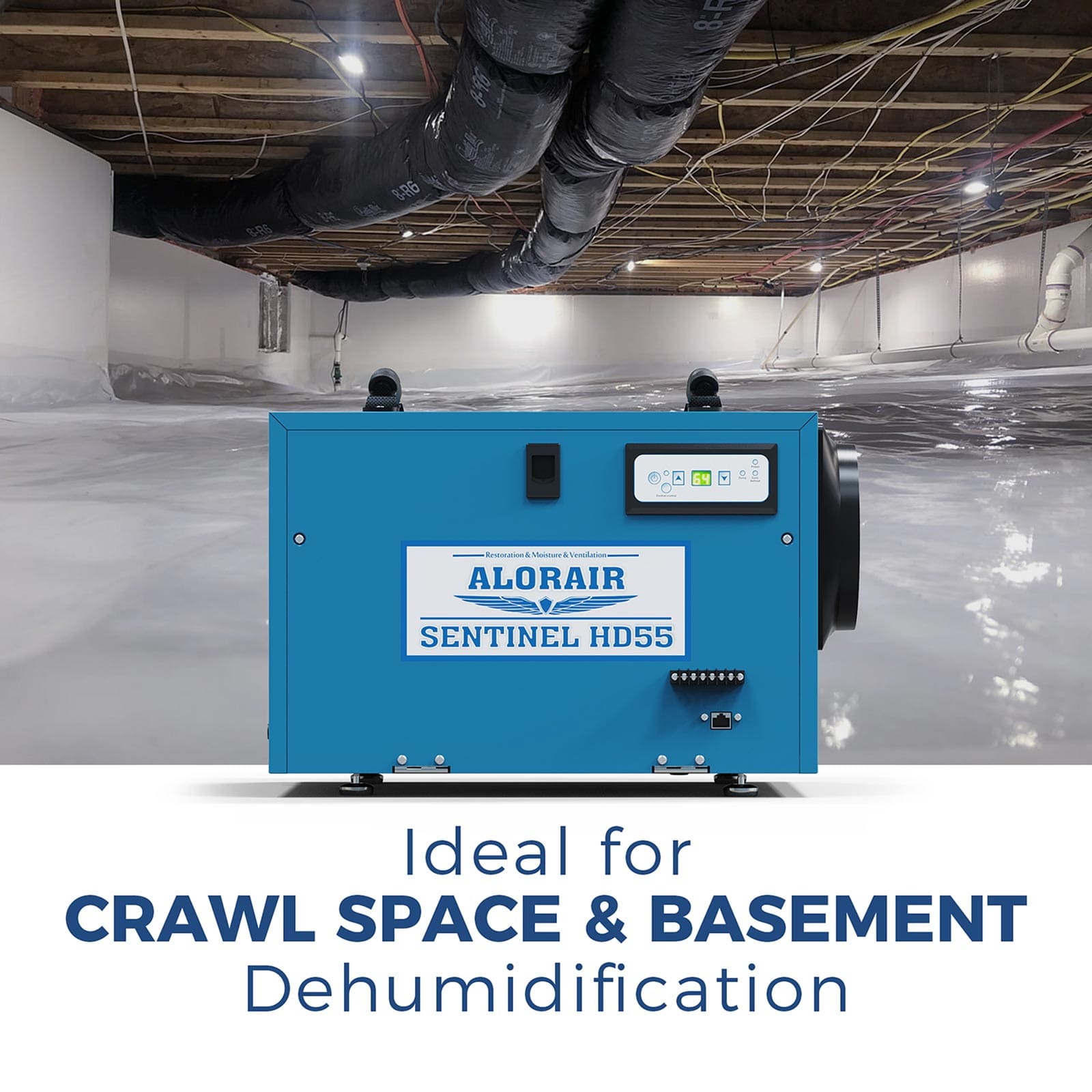 Blue Alorair Sentinel HD55 dehumidifier in a crawl space or basement setting.
