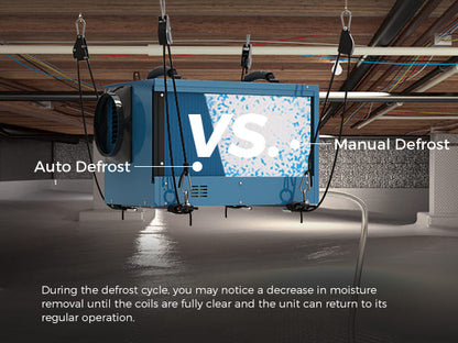 alorair commercial dehumidifier 113 pint unit with 'Auto Defrost' and 'Manual Defrost' labels in a warehouse setting.