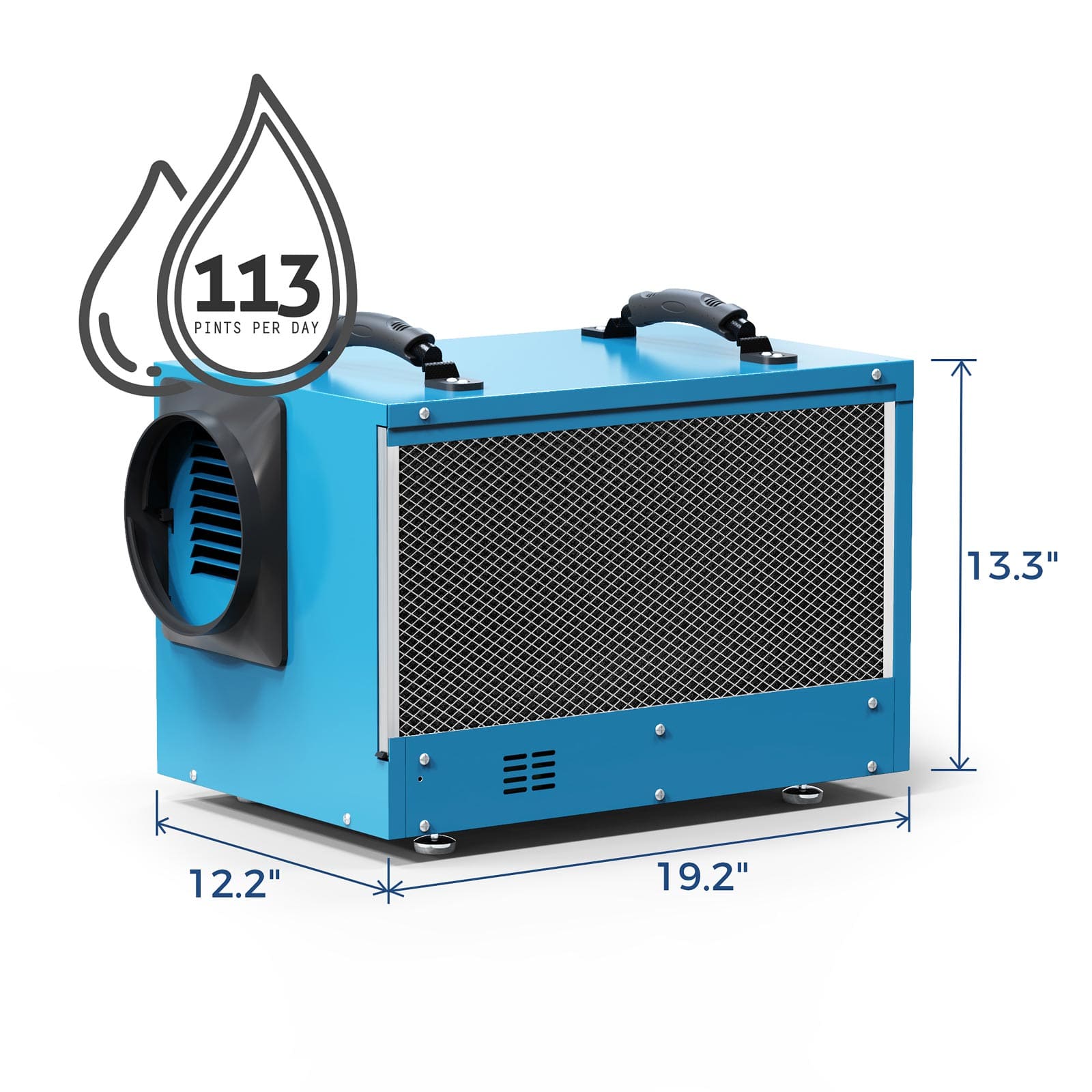 Blue alorair hd55, sentinel hd55 dehumidifier with dimensions and water output indicator on a white background