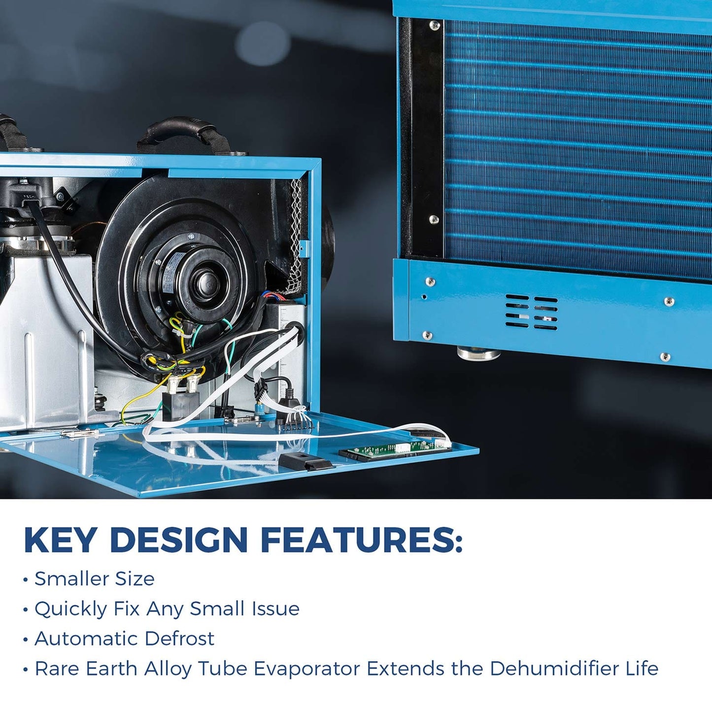 alorair hd55 Dehumidifier components with text highlighting key design features on a dark background