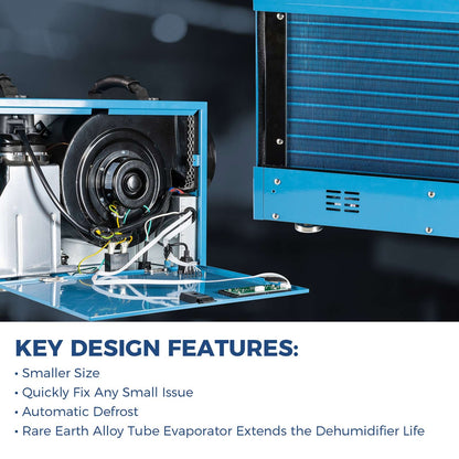 alorair hd55 Dehumidifier components with text highlighting key design features on a dark background