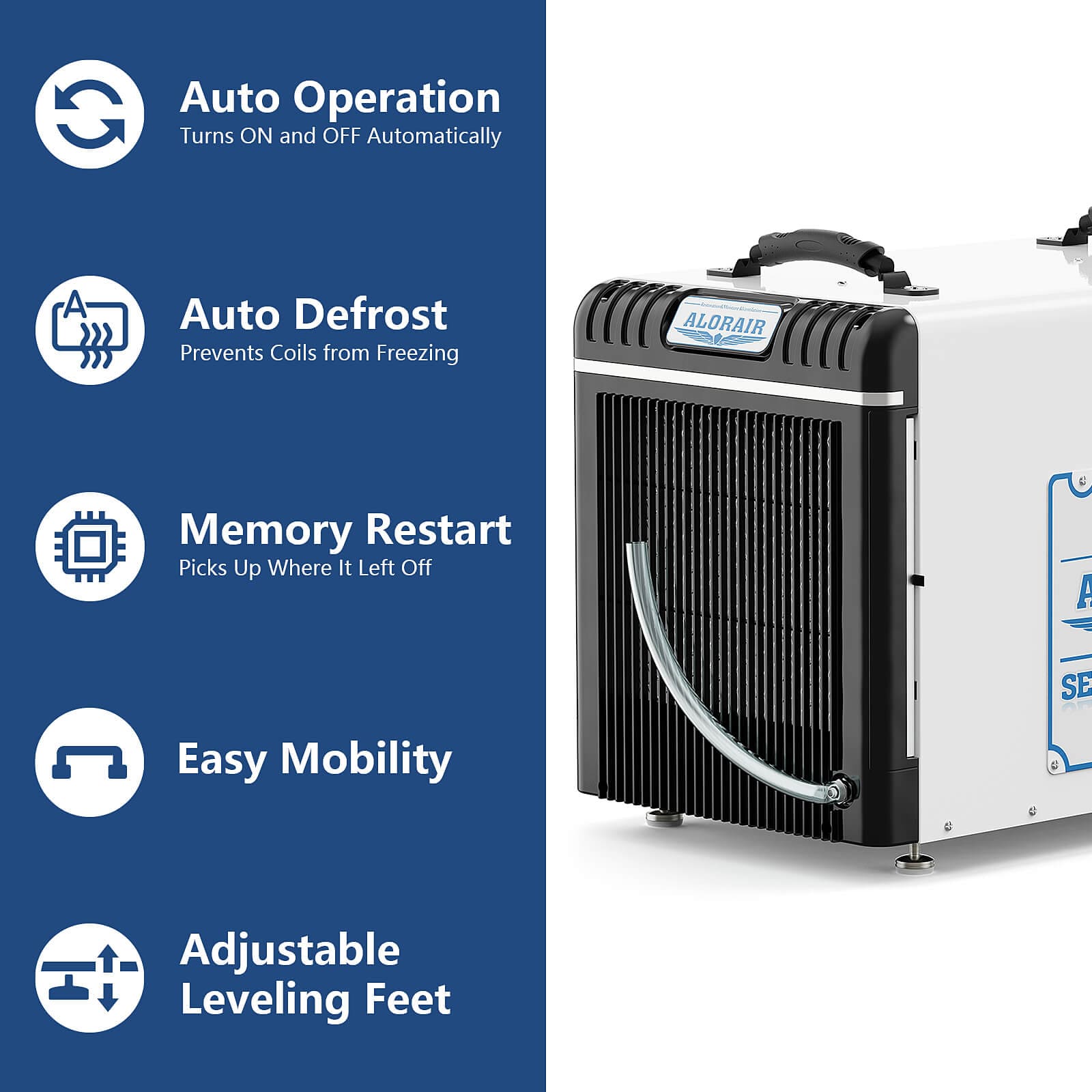 alorair hd90 dehumidifier unit with features listed on a blue background