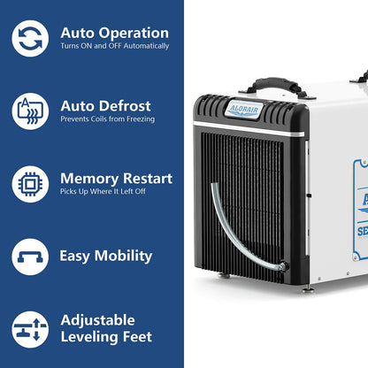 alorair hd90 dehumidifier unit with features listed on a blue background