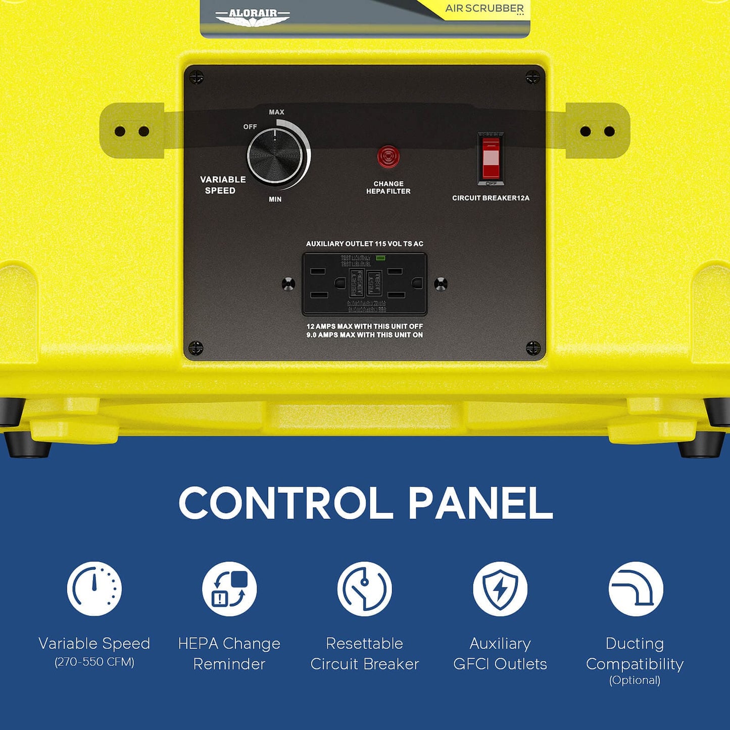 Yellow hepa 550 air scrubber with control panel on a blue background