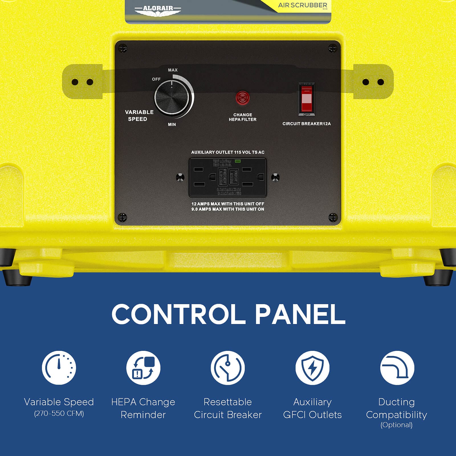 Yellow hepa 550 air scrubber with control panel on a blue background