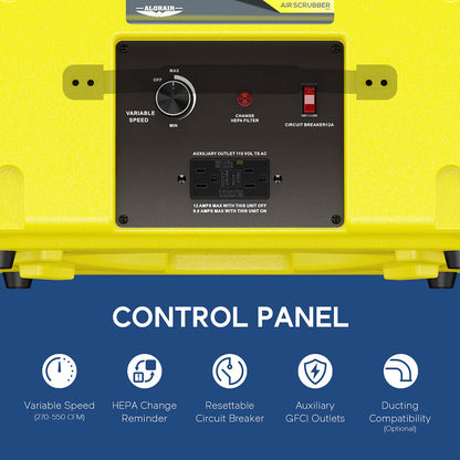 Yellow hepa 550 air scrubber with control panel on a blue background