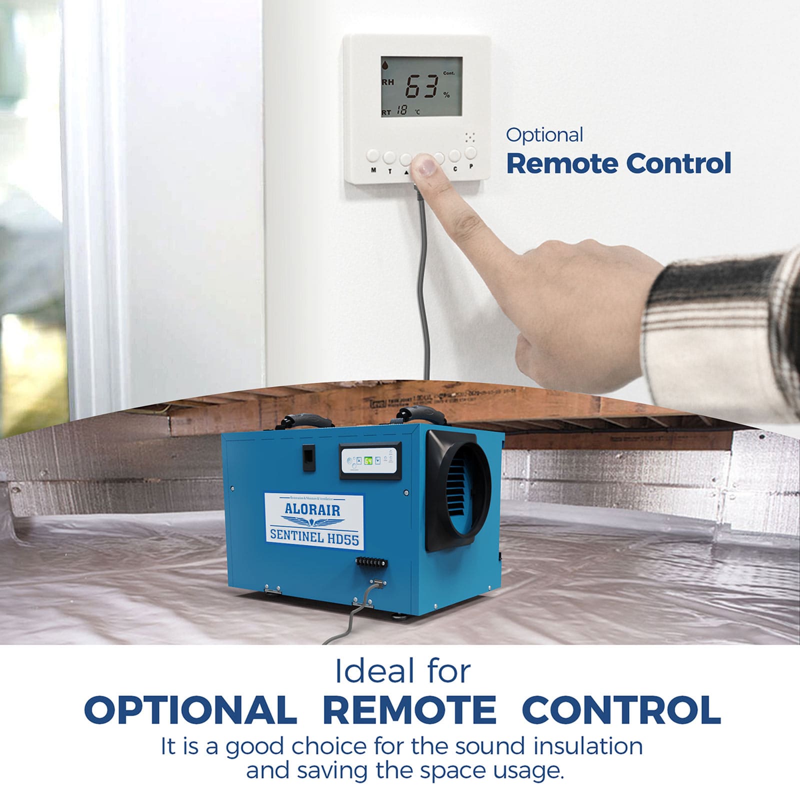 Blue alorair sentinel hd55 with a hand pressing a thermostat