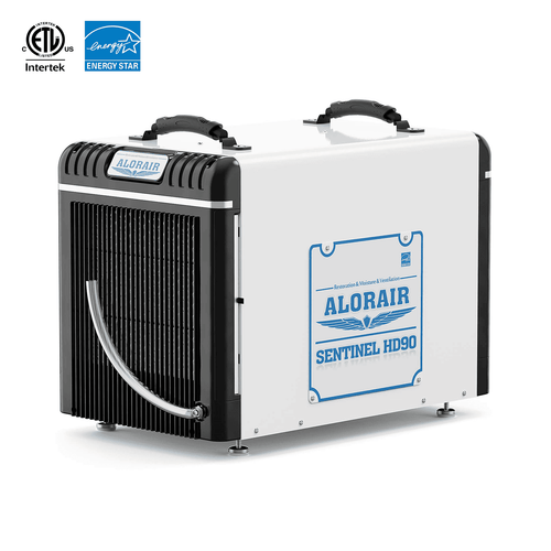 Alorair Sentinel HD90 air dehumidifier unit on a white background with Intertek and Energy Star logos.