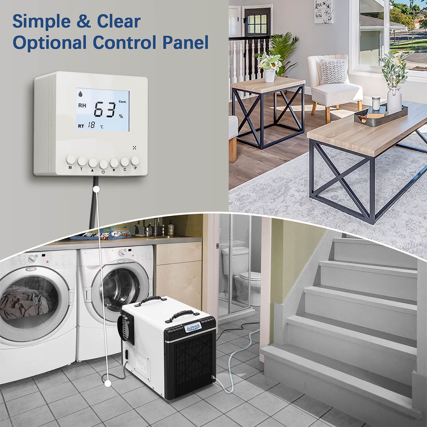 alorair sentinel hd90 Collage of a control panel, living room, laundry room, and staircase with text 'Simple & Clear Optional Control Panel'.