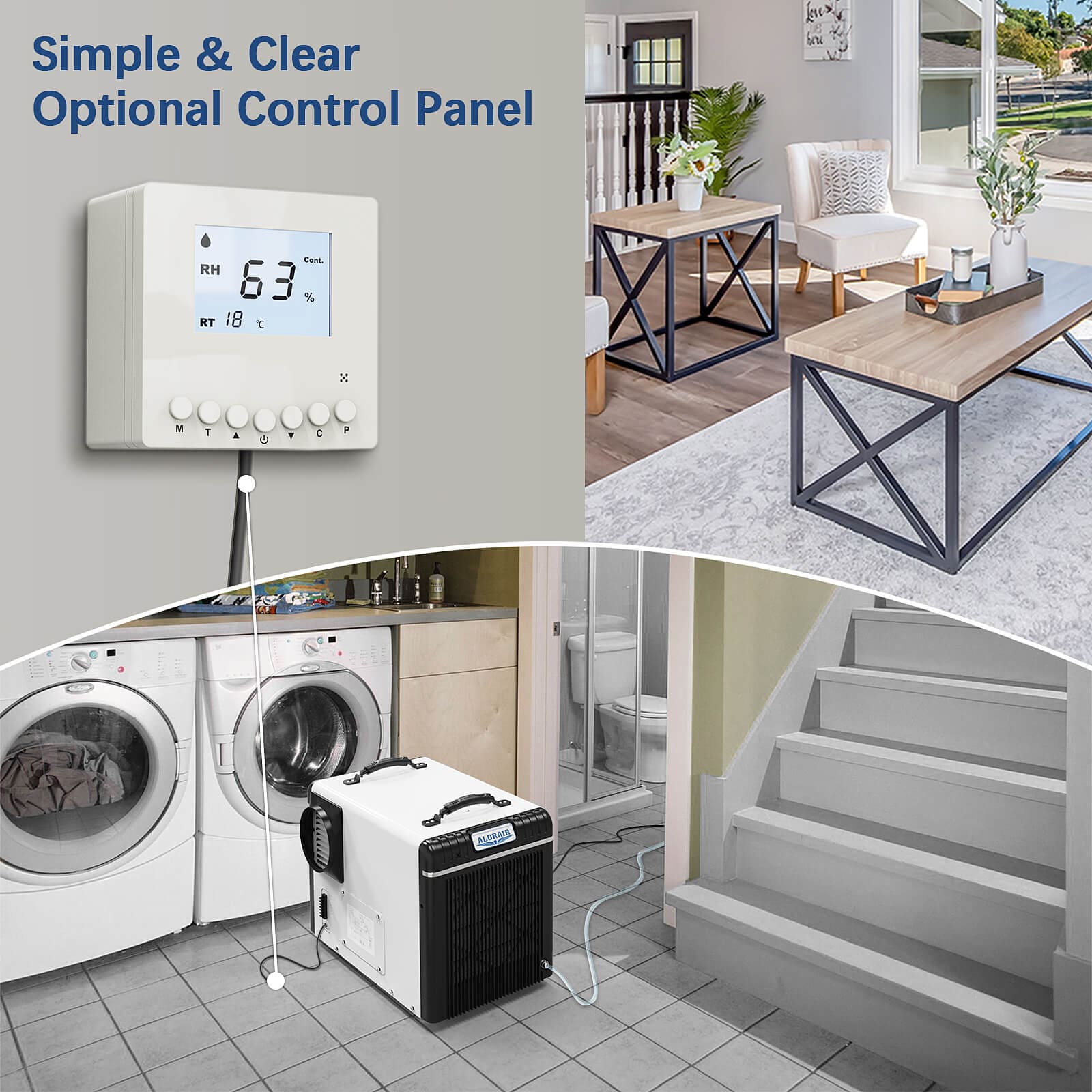 alorair sentinel hd90 Collage of a control panel, living room, laundry room, and staircase with text 'Simple & Clear Optional Control Panel'.