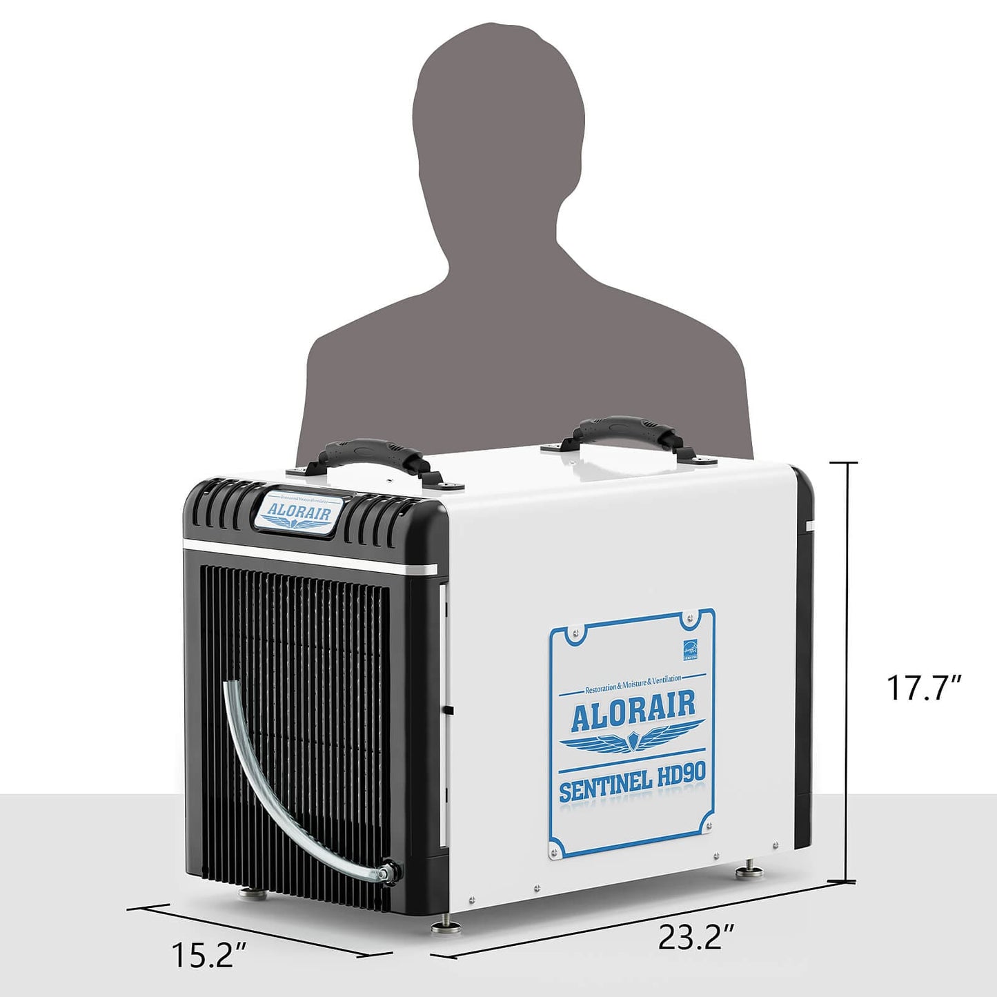 ALORAIR Sentinel HD90 air cooler with dimensions and a silhouette for scale on a white background