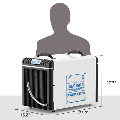 ALORAIR Sentinel HD90 air cooler with dimensions and a silhouette for scale on a white background