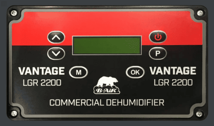Control panel of a B-Air Vantage LGR 2200 Commercial Dehumidifier with digital display and buttons.