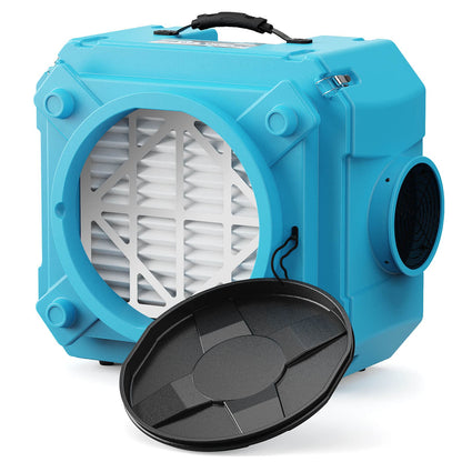 Blue hepa 550 air scrubber, alorair hepa 550 with filter and black lid on a white background