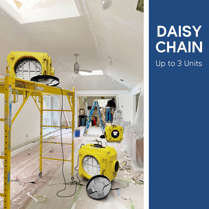 Yellow clean shield hepa 550 on a construction site with 'Daisy Chain' text on a blue background