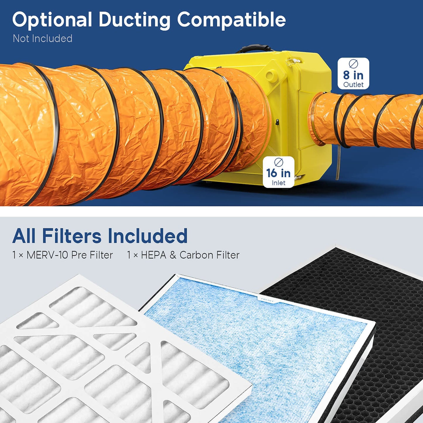 clean shield hepa 550 Air filter system with ducting and filters on a blue and gray background