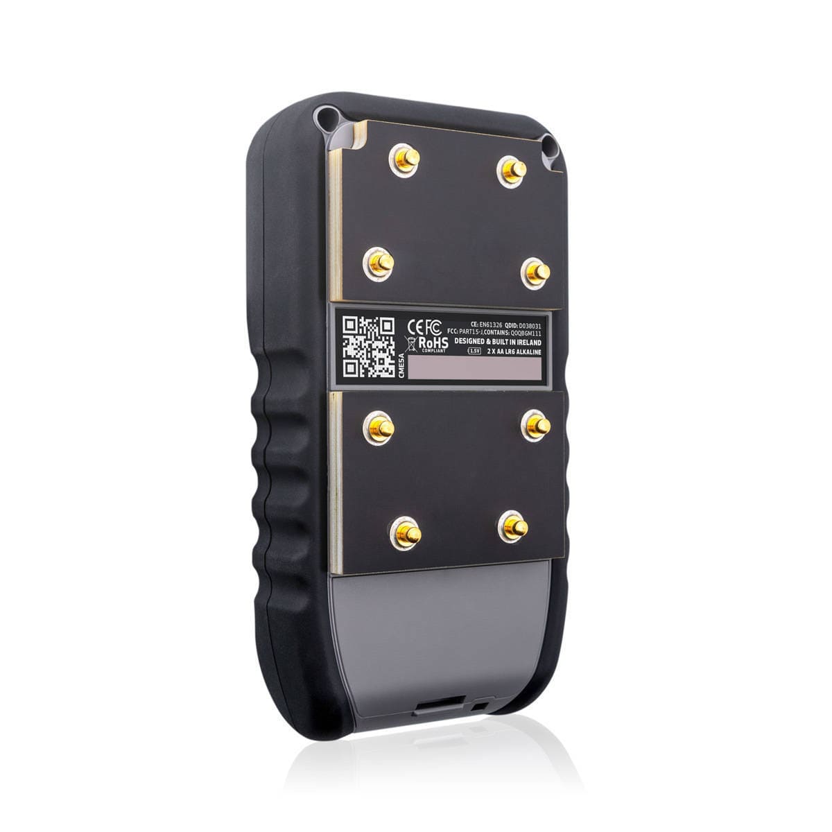 Black cme5 electronic device with gold screws on a white background
