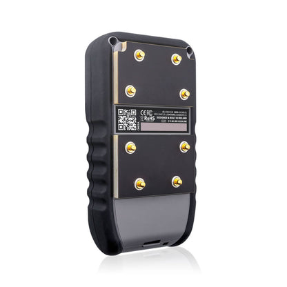Black cme5 electronic device with gold screws on a white background