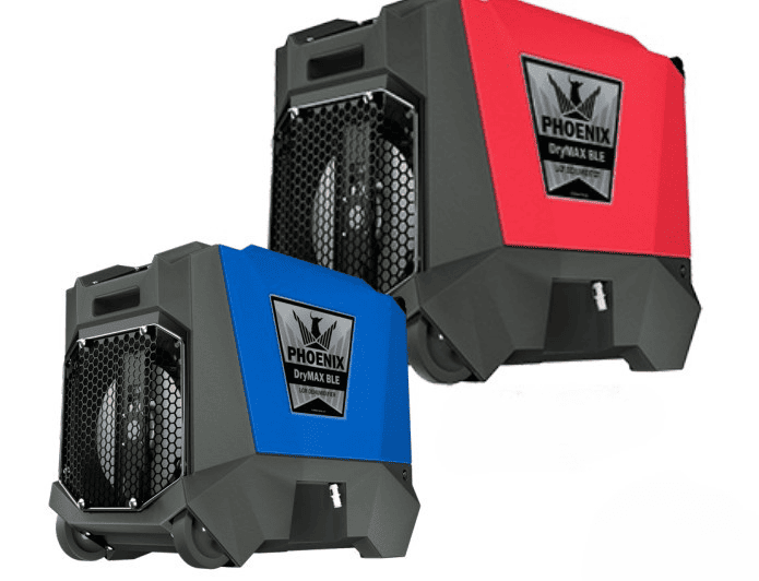 Two Phoenix Drymax BLE dehumidifiers, one red and black, one blue and black, with Phoenix Drymax logo on a white background.