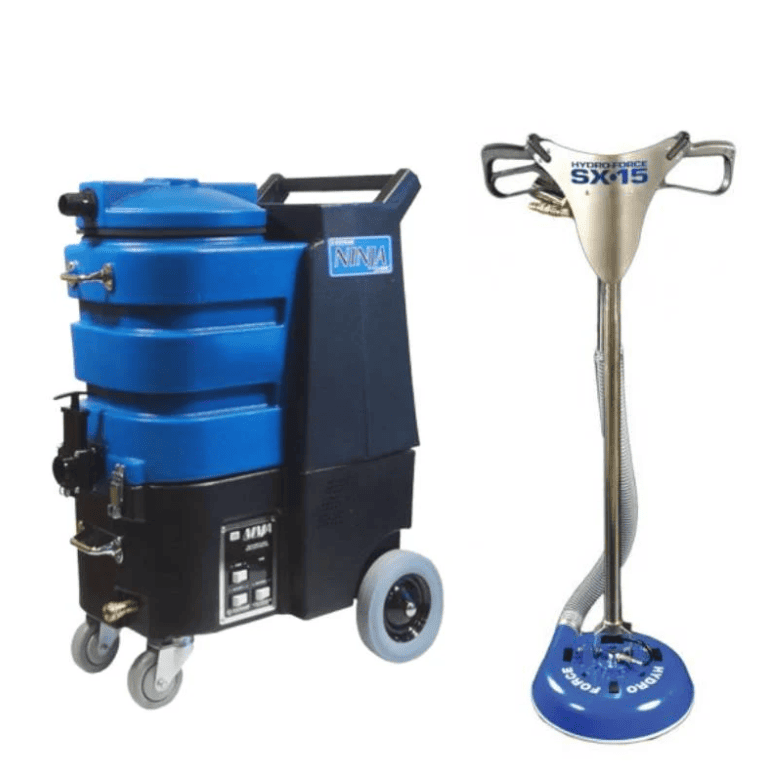 Blue and black esteam e1200 with a handheld tool on a white background