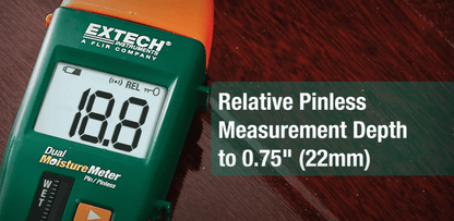 Extech mo260 dual moisture meter on a wooden surface with text indicating pinless measurement depth.