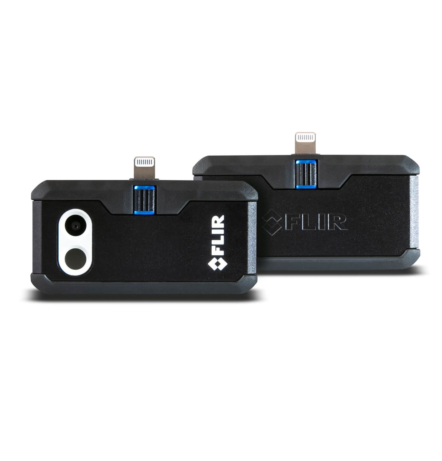 Two flir 1 pro ios thermal imaging devices on a white background