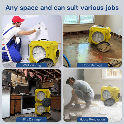 Yellow hepa 550 air scrubber being used for wall painting, flood damage, fire damage, and house renovation.