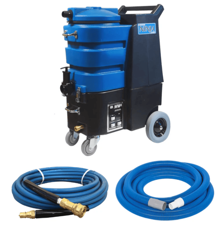 Blue and black cleaning machine with hoses on a white background. ninja 150 carpet extractor