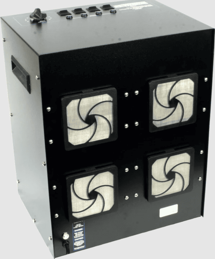 Black tz 8 ozone generator with four fan modules on a white background