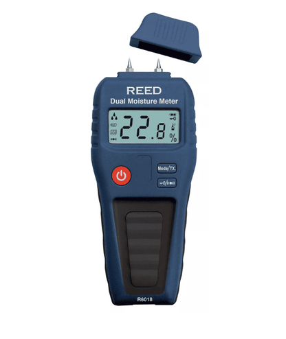 Blue REED r6018 Dual Moisture Meter on a white background