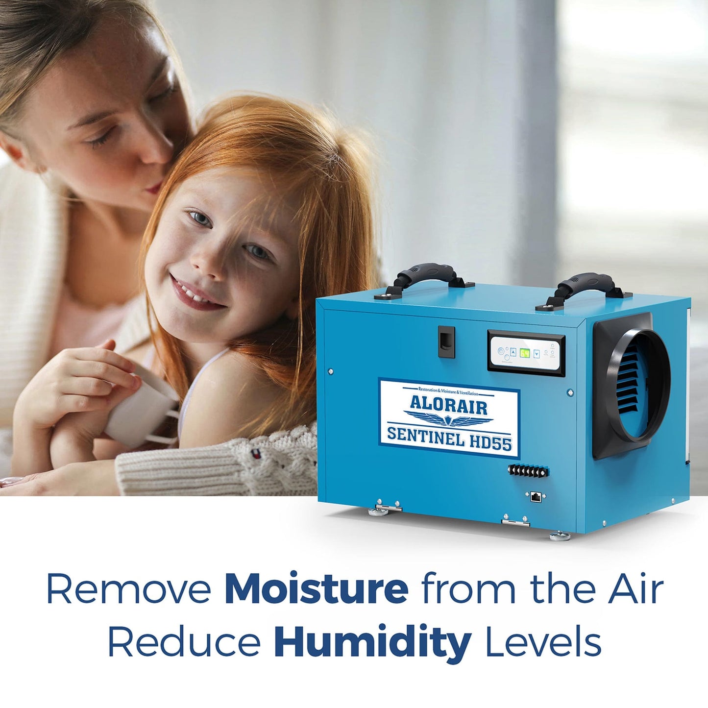 Woman and child with a blue sentinel hd55dehumidifier, text 'Remove Moisture from the Air Reduce Humidity Levels