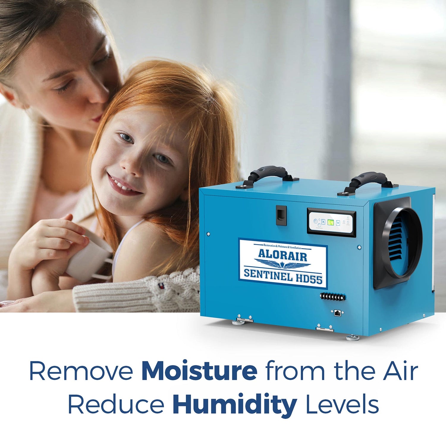 Woman and child with a blue sentinel hd55dehumidifier, text 'Remove Moisture from the Air Reduce Humidity Levels