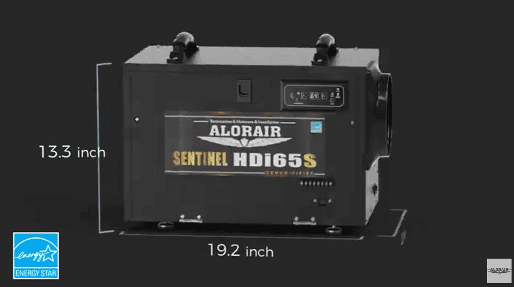 Alorair Sentinel HDI65S dehumidifier with dimensions on a black background
